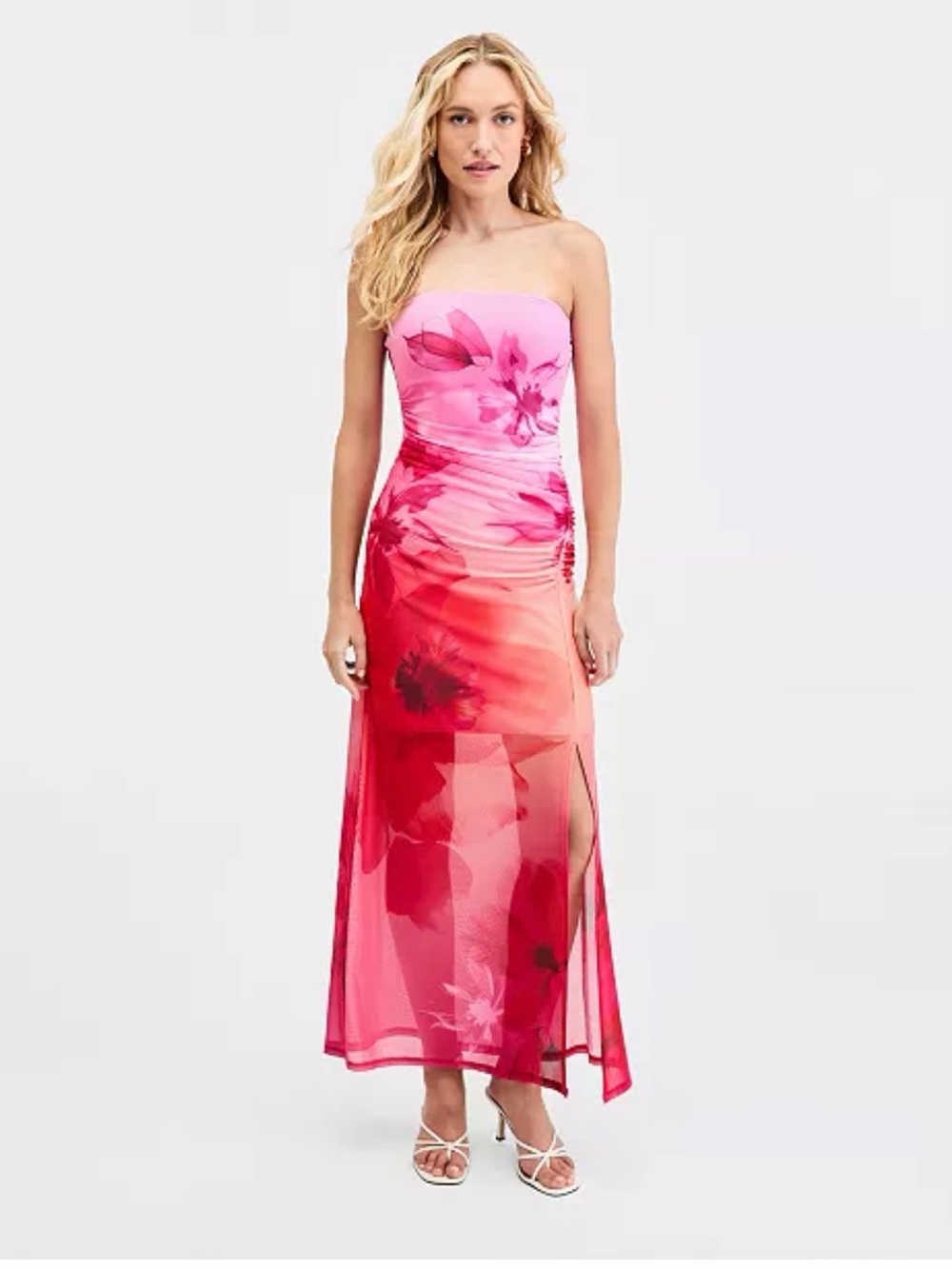 Bar III Strapless Pink and Red Floral Ombre Maxi Dress